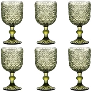 Green Glasses Drinking Wine Water Goblets Glassware set of 6 Vintage Stemware 12 Ounces for Wedding Party Bar Floral Pattern 350 ml