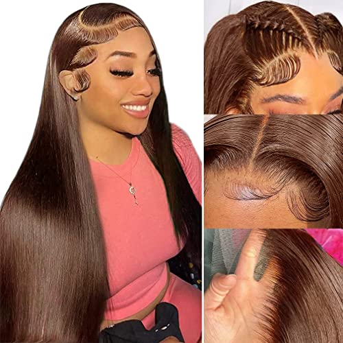 Brown Straight Lace Front Wigs Human Hair 13x4 HD Lace Frontal Chocolate Human Hair Wig Pre Plucked with Baby Hair 150% Density Brazilian Virgin Hair Wigs for Women (28Inch, #4 Brown Lace Front Wig)