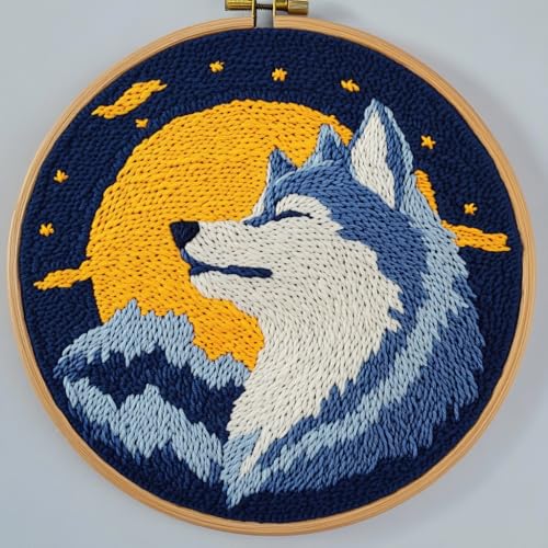 DIY Punch Needle Kits Wolf Under Moon Easy for Beginners Punch Needle Embroidery Set with Hoop Stamped Pattern for Craft Lovers and Home Decor-2