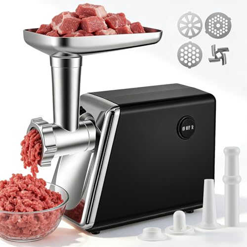 Hachoir À Viande Électrique 4 En 1 Pour Saucisses,Légumes,Fromage, Silencieux Et Protection Contre Surchauffe,En Acier Inoxydable Et Aluminium,Avec 3...