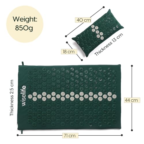 Image of WiseLife Acupressure Mat & Pillow Set with Bag | Acupuncture Mat for Neck & Back Pain Relief | Muscle Relaxation & Stress Relief | Sciatica Pain Support Large 71x44 cm (Dark Green)
