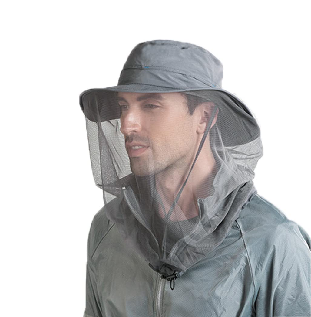 Women Men Sunhat Safari Hat with Mosquito Head Net Fishing Hat Breathable Mesh Sun Protection Cap with Headband