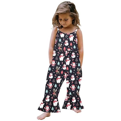 Image of DOOLECK Kids Little Girls Christmas Jumpsuit Sleeveless Sling Graphic Printed Bell-Bottom Pants Christmas Clothes Set