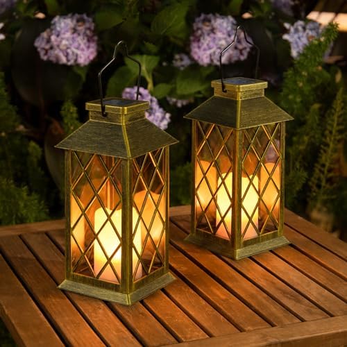 2Pack 10" Outdoor Solar Lanterns Waterproof Garden Patio Lantern Lights Flickering Candle Mission for Outside, Party, Yard, Lawn, Mothers Day Gifts Garden Gifts for Mom Women (Antique Green Bronze)