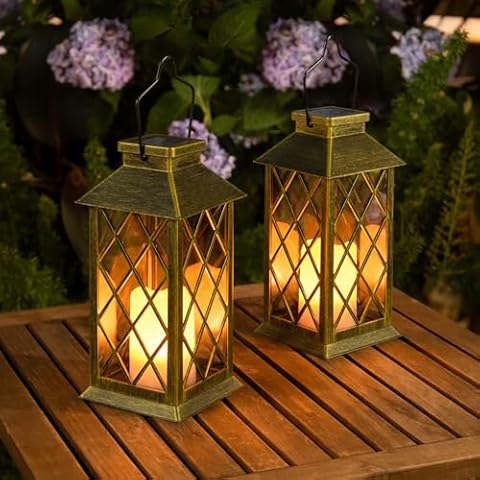 2Pack 11" Outdoor Solar Lanterns Waterproof Garden Patio Flickering Candle Mission Lantern Lights for Tabletop , Outside, Party, Yard, Lawn, Gardening Gifts (Antique Green Bronze) Cover
