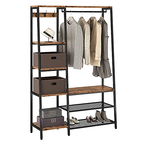 IRONCK Coat Rack with Shelves,5-in-1 Hall Tree with Entryway Bench Wood and Metal Frame 5-Tier Display Shelves with Hooks, Vintage Brown