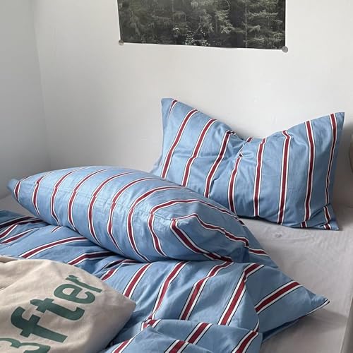 Image of MKXI King Blue & Red Vertical Stripe Duvet Cover Set 3-Piece - 100% Cotton Textured Bedding with Zipper Closure & Corner Ties, Modern Coastal Vintage Aesthetic Comforter Cover