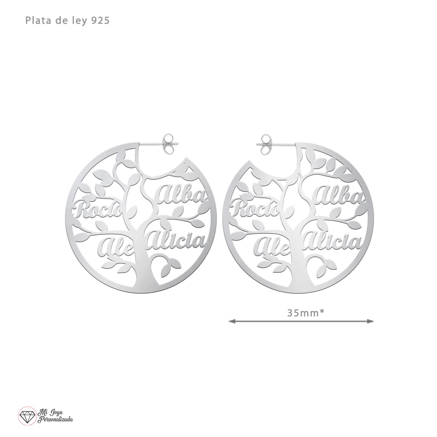 Pendientes Arbol de la Vida Personalizado para Mujer Plata de Ley - Pendientes Árbol con Nombres de Familia, Hijos, Nietos o Amigos - Regalo Original para Madres y Abuelas, hasta 7 Nombres