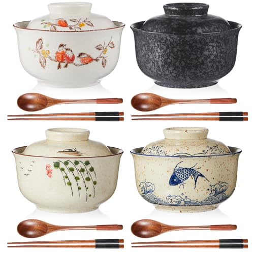 LemonRoad 4 Pack 25oz Ceramic Ramen Bowl with Lid Microwavable wi...