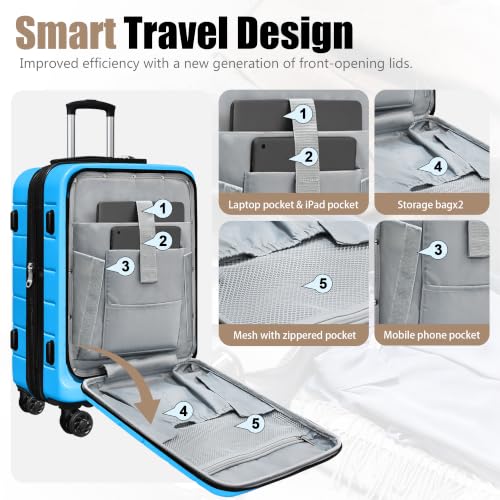 Image of KEYTANG SmileLine 3-Piece Luggage Set Lightweight Hardside Suitcase TSA Lock Spinner Wheels, 20 inch Expandable Carry-On Luggage with Quick Access Front Open Pocket, Bonus Makeup Bag,Blue