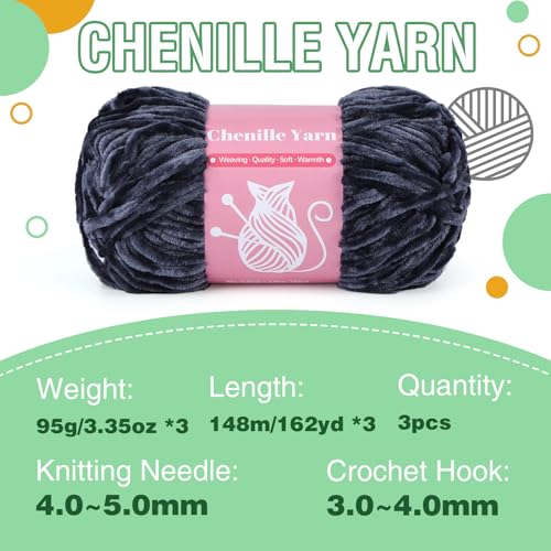 Image of LUNARM Chenille Yarn for Crochet Knitting Chunky Blanket Velvet Yarn | 3 Pack 3.5oz /100g 486 Yard Blue Gray Chenille Yarn for Beginners Knitting Scarves with Big Eye Needles Machine Washable