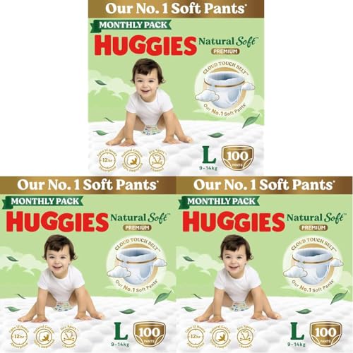 Image of Huggies Natural Soft Premium Baby Diaper Pants, Our No.1 Soft Pants, Large (L) Size (9-14 Kgs), Monthly Pack of 300 diapers | Cloud Softness All over with India's 1st Cloud Touch BeltTM (50 Count, Pack of 2)