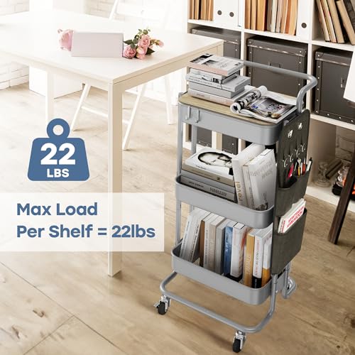 Image of DTK 3-Tier Rolling Cart with Table Top, Metal Utility Cart with Side Bags | Tray Storage Organizer, Lockable Wheels, 4 Hooks, Art Cart for Kitchen, Bathroom, Office, Craft room, Living room,Grey
