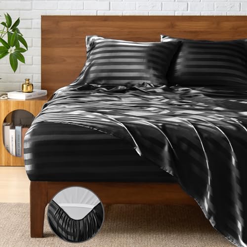 BEDELITE Jacquard Striped Satin Sheet Queen Size, Black, 4 Pieces - image 1