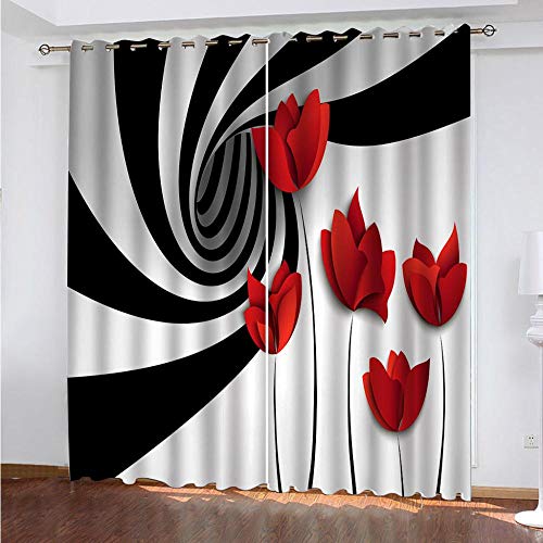 ZCFGG Rideau Occultants Fleur Rouge rotative, Noir et Blanc Rideau Isolant Thermique Rideau à Oeillet Moderne Microfibre Super Soft pour Chambre Salon Home Decorative 2X L110 x H215 cm