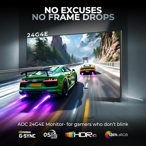 Image of AOC 24G4E Gaming Monitor 24 inch FHD Fast IPS Gaming Monitor, 180Hz Refresh Rate, 126% sRGB, HDR10, 0.5ms, Free Sync, HDMI and Display Ports Connectivity, 178 Ultra-Wide Viewing Angle (Black)