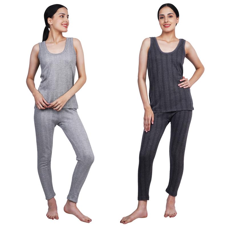 wako Women Sleeveless Thermal Set Lite Grey Dark Grey Cotton Blend Innerwear Body Warmer Comfortable Stylish Thermal Top and Bottom Combo Warm Winter Innerwear for Ladies-picture-27
