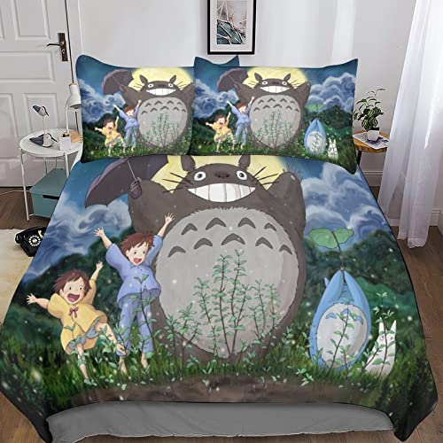 BIPERA 3D Imprimé My Neighbor Totoro Housse De Couette Et Taie d'oreiller Et Drap De Lit Anime Parure De Lit, Microfibre Ensemble De Literie Double（200x200cm）