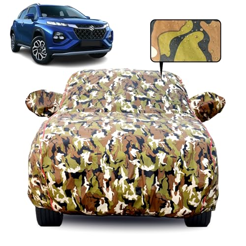 Image of Waterproof Car Body Cover for Maruti Suzuki Fronx with Mirror Pocket, Soft Cotton Lining, Triple Stitched, Full Bottom Elastic (Heat Resistant Jungle Print with Red Piping)