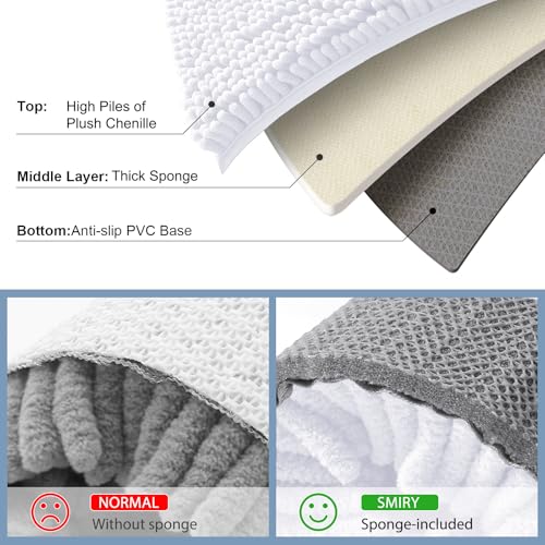 Smiry Luxury Chenille Bathroom Rugs 59x24, Extra Soft and Absorbent Shaggy Bath Mat, Machine Washable, Non-Slip Plush Carpet Runner for Tub, Shower, and Floor, Home Decor Accessories, White