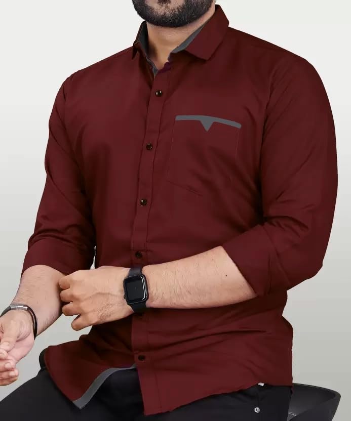 Image of CB-COLEBROOK Men's Regular Fit Solid Soft Touch Cotton Casual Shirt with Pocket Design with Spread Collar & Full Sleeves (Available in Plus Size)