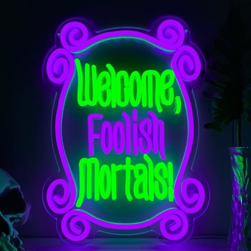 Welcome Foolish Mortals Neon Sign Haunted Mansion Decor Halloween Neon Signs for Wall Decor Dimmable LED Spooky Gothic Coffin Neon Signs Haunted Mansion Neon Sign for Halloween Party Man Cave