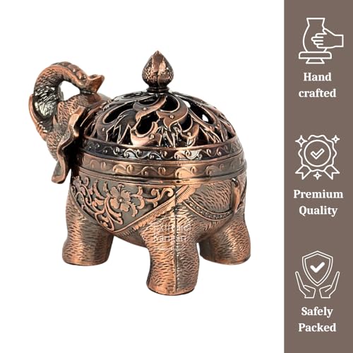 Image of Metal Trunk Up Elephant Incense Holder with Lid - Decorative Dhoop Batti Holder | Antique Copper Finish Loban Burner for Home Temple, Meditation & Spiritual Decor