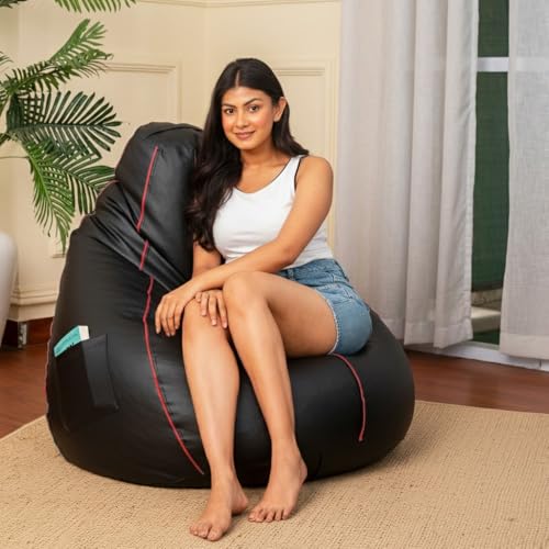 Image of Sattva Classic Piping XXXL Bean Bag with Pocket Filled with Beans | Faux Leather Teardrop Bean Bag for Adults & Teens | Pre-Filled Comfortable Seating for Home, Living Room - Black with Red Piping