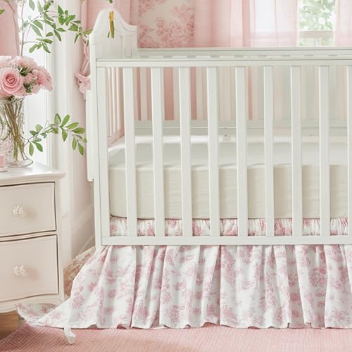 Image of Brandream French Country Toile Cotton Crib Skirt Toddler Bedskirt Dust Ruffle Baby Nursery Crib Bed Skirt Boho Bohemian Vintage Pink Floral Print Farmhouse Chic Ruffles Skirt