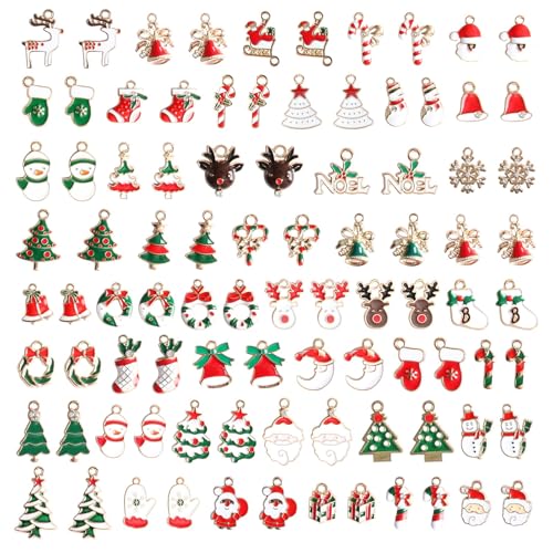 OMCGG 90Pcs Christmas Charms Mini Christmas Tree Decorations Creative Xmas Hanging Pendants for DIY Making Bracelet Earrings Home Decorations