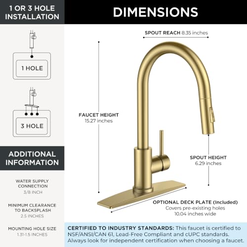 Image of FORIOUS Gold Kitchen Faucet with Pull Down Sprayer, Classic Single Hole Kitchen Sink Faucet with Deck Plate, Single Handle, High Arc Stainless Steel, Fit for RV Bar Farmhouse Laundry Outdoor