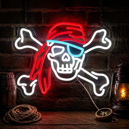 Image of Pirate Neon Lights Skull Neon Sign, USB Powered LED Decor | Halloween Wall Decor for Bedroom, Game Room, Bar, Party Decoration and Pirate Theme Gift