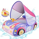 Baby Swimming Float Inflatable Baby Pool Float Ring with Sun Protection Canopy, Blue Car Boat Baby Swim Float with Safety Seat for Kids 1-4 Years Old