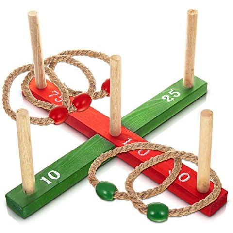 Hillington Garden Outdoor Rope Quoits and Wooden Pegs Hoopla Throwing Game, Natural Timber Board with 5 Wooden Pegs Cover