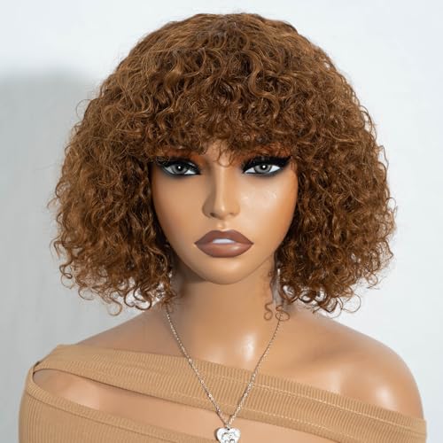 JOEDIR HAIR Brown Short Curly Wig with Bangs Human Hair for Women 10 inch Short Water Wave Curly Bob Wig Glueless Wig 150% Density (30#)