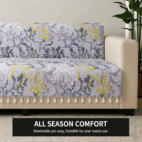 Image of STITCHNEST 'Frostvine Collection' 2 Seater Sofa Cover - Full Coverage| Cotton Quilted Fabric, Decorative Tassels, Washable & Durable for Modern Living