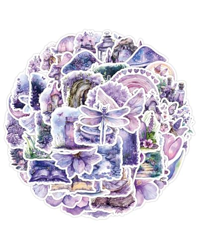 LEEQBCR Lot de 50 autocollants Autocollant réfléchissant Jardin fées violet - Fleurs naturelles - Accessoires scrapbooking - Pour valise, ordinateur...