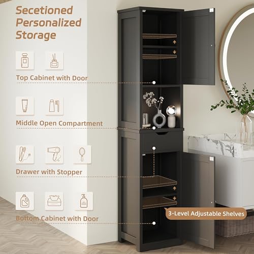 Shintenchi Tall Bathroom Storage Cabinet, Slim Corner Floor Cabinet with Doors and Drawer, Freestanding Narrow Bathroom Organizer with Adjustable Shelves for Small Space, Black