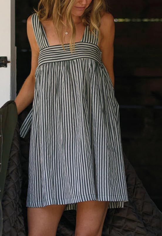 Image of Women Floral Tie Shoulder Mini Dress Cute Square Neck Loose Fit Beach Short Dress Backless Boho Vocation Sundress