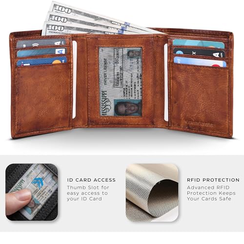 Image of Tri fold Leather Wallet for Men with RFID | Slim Wallets for Men with 1 ID and 6 Credit card slots | Front Pocket Minimalist