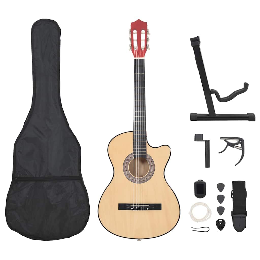 Akustikgitarre 38 Zoll Westerngitarre Set 12-tlg inklusive Tasche Stimmgerät Ständer Kapodaster Plektren für Anfänger Natur