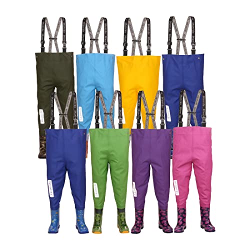 3Kamido® Enfant Cuissardes de pêche Jeunesse 10 modèles, Taille Ajustable, Bretelles durables, Boucle Nexus, Waders, Bottes de pêche, Poitrine échassiers, 20-35 EU (34/35, Moro - Camouflage/Vert) Cover
