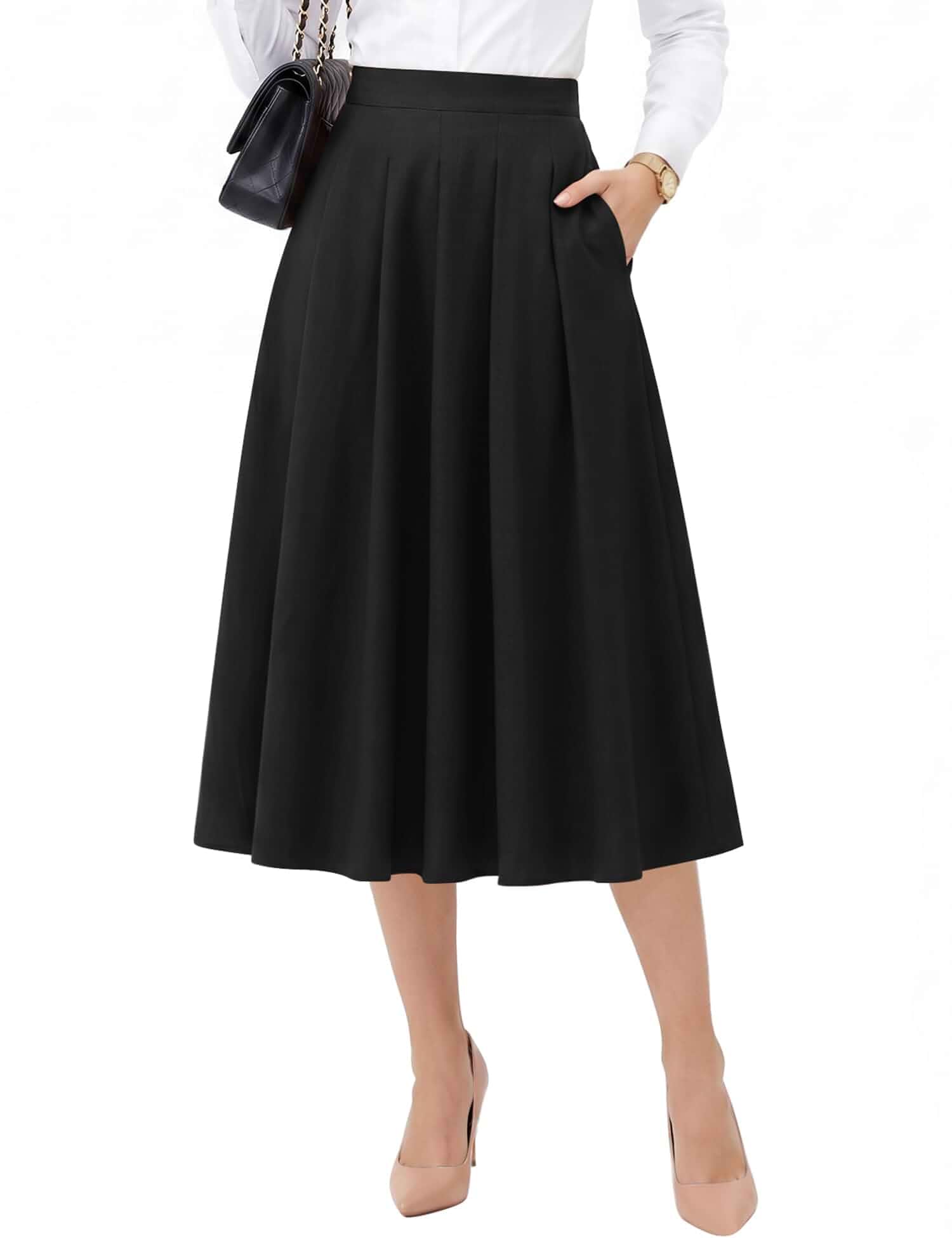 Dressystar Pleated Midi Skirts for Women Business Work with Pockets Elegant A Line Office Skirt, Solid Color, Elastic High Waist, Fit Flare, Classic Mid Length, Women’s Fall Long Formal Skirts