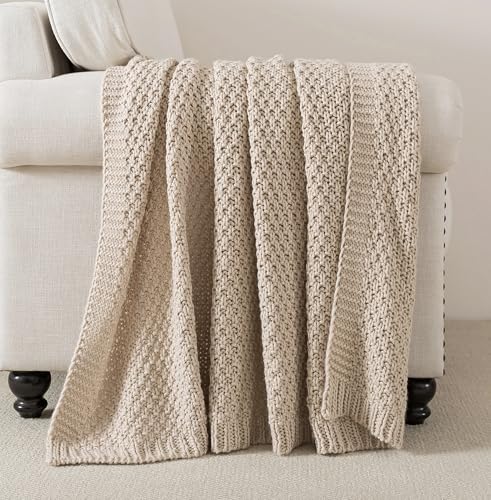 WDCOZY Chunky Cable Knit Throw Blanket Super Soft Warm Knitted Throw Blanket for Couch Sofa Chair Bed Lightweight Breathable Cozy Comfortable Home Decorative Camel Tan Beige 50x60 Inches