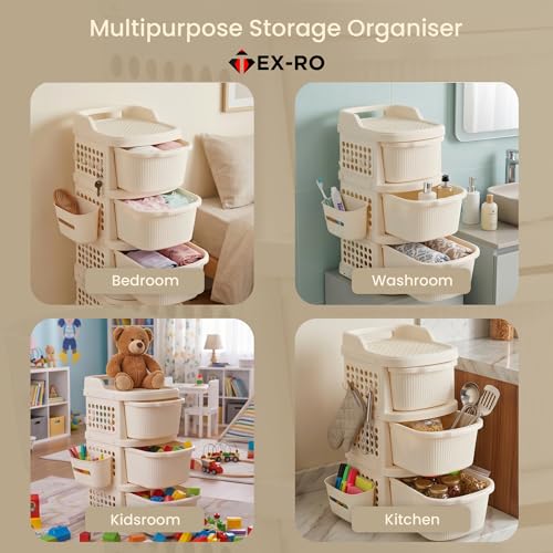Image of TEX-RO 4 Layer Plastic Drawer Cabinet with Wheels & Side Hooks | Stackable Storage Trolley Organiser for Kitchen, Bedroom, Bathroom | Multipurpose Drawers Organisers Rack with Basket - Ivory