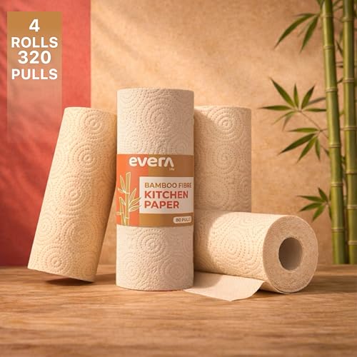 Image of Bamboo Kitchen Tissue Paper Roll 320 Pulls (80 Pulls x 4 Rolls) | 2 Ply Kitchen Towel Roll | Unbleached & Food Safe Kitchen Tissue | High Absorbency Kitchen Roll | Eco-Friendly Tissue Roll