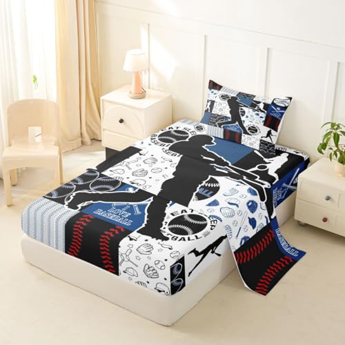 Image of Castle Fairy Baseball Player Bed Sheet Set Twin Size,Sports Geometric Grid Blue Sheet Set Kids Teens,Patchwork Baseball Bedding Decor Set with 1 Flat & 1 Fitted Sheet with 1 Pillow Sham