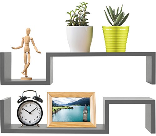Greenco Floating Wall Shelves, Gray Finish (2pcs) | Wall-Mounted Shelves, Storage, Hanging/Floating Shelf, Bookshelf, Book Organizer | Bedroom, Toilet, Restroom, Farmhouse, Wall, Bathroom Decor