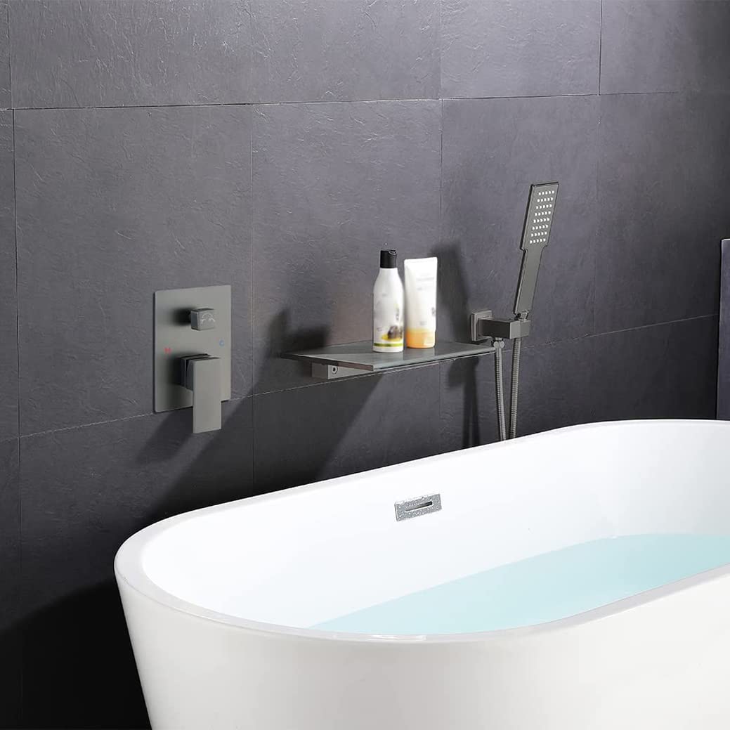 Waterfall Spout Wall Mounted Tub Taps with Handheld Shower Modern Single Handle Shower Taps Filler Solid Brass for Bathroom,Gunmetal Gray