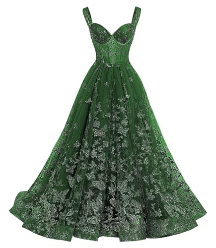 Miao Duo Women's 3D Butterfly Sparkly Tulle Prom Dresses 2024 Long Ball Gown Spaghetti Straps Formal Evening Dress YZTS142